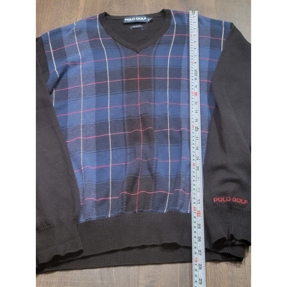 Polo Golf Ralph Lauren Mens XL Black Blue Plaid V-Neck 100% Cotton Sweater